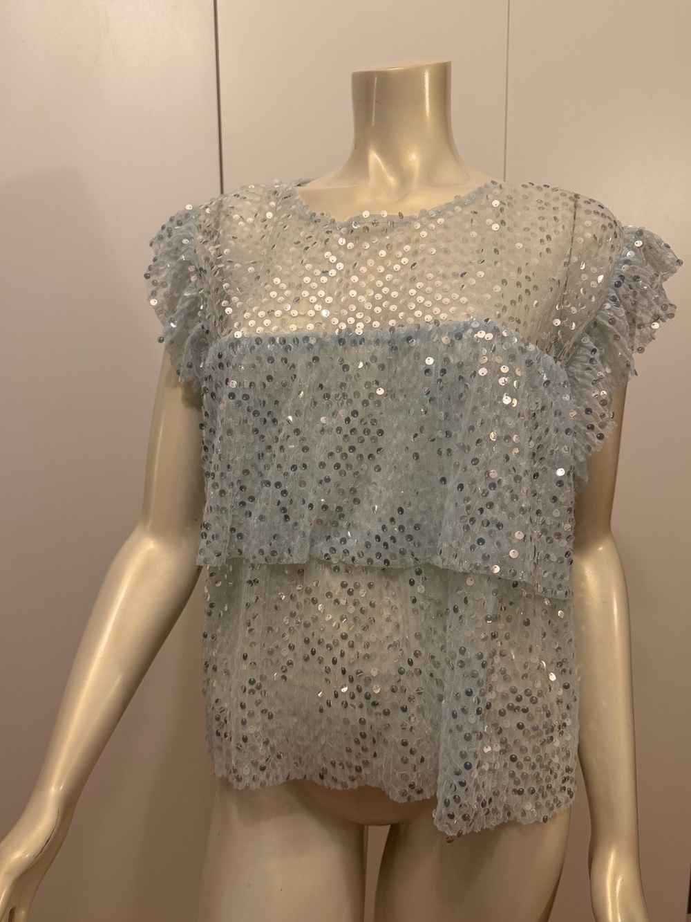 Sequined Light Blue Ruffle Layered Women's Top